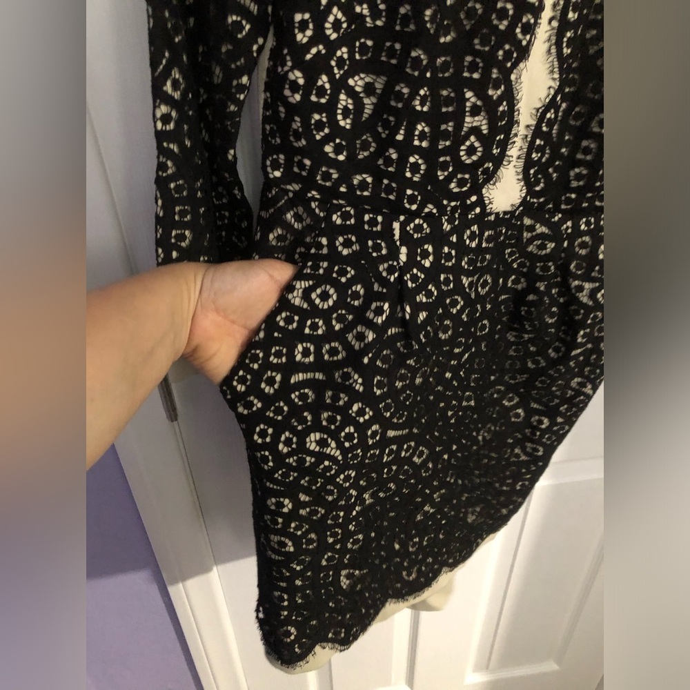 BCBGMaxAzria Black Lace Overlay on Cream Long-Sleeve Dress - Picture 12 of 12